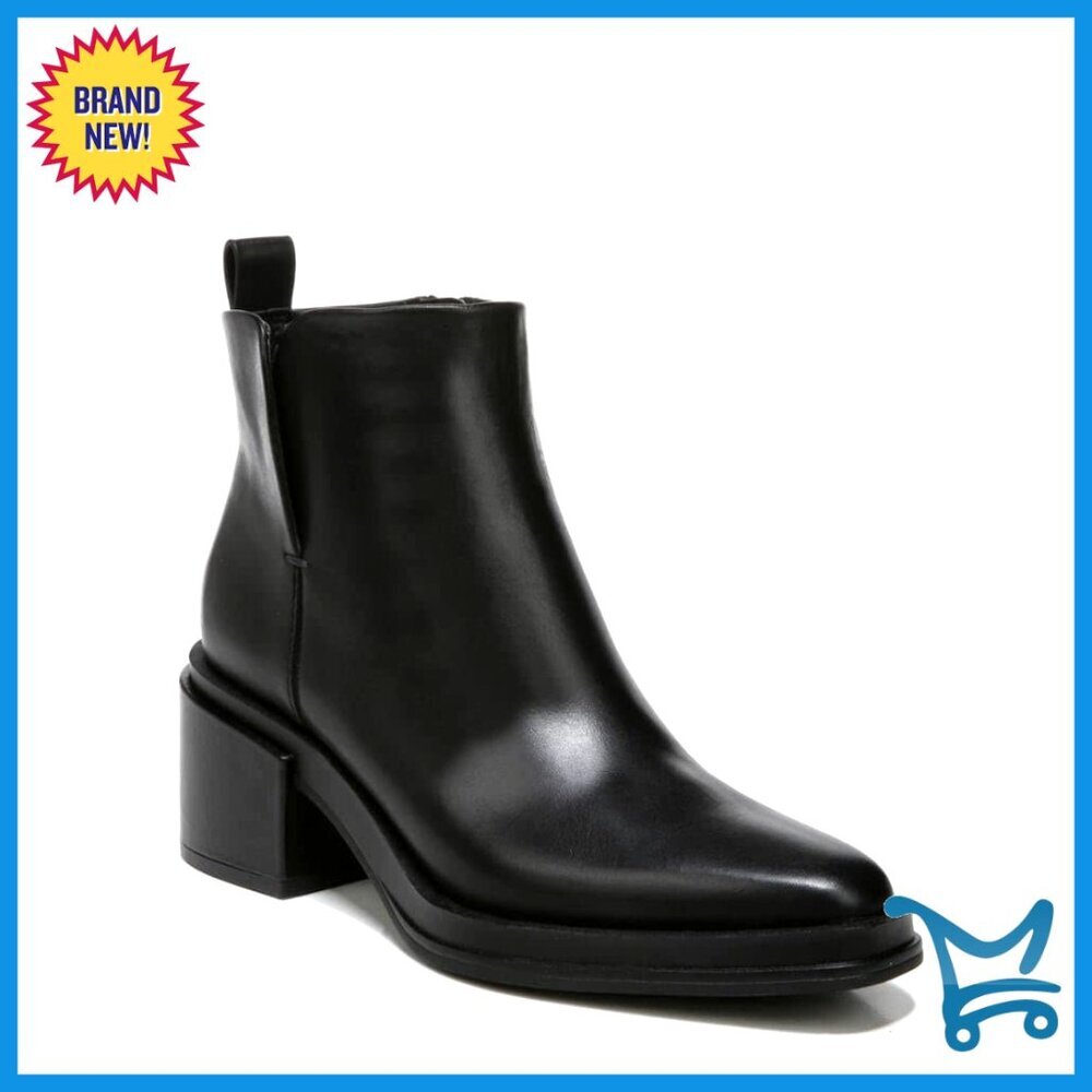 Premium Leather Ankle Booties with Chunky Block Heel, Side Zip